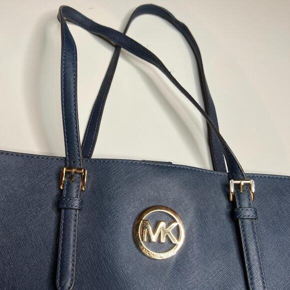 Michael Kors Jet Set Tote Bag Navy Blue Saffiano Leather Gold Logo - Picture 8 of 10